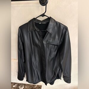 Zara Black Long Faux Leather Button Down Shirt-Jacket